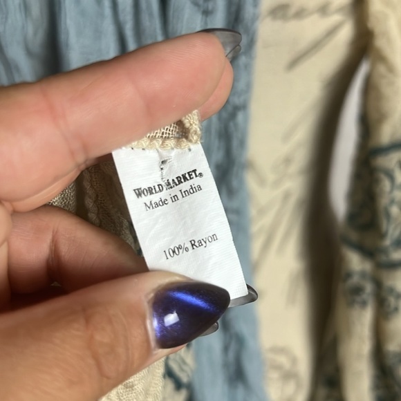 Two World Market Scarves Shawls Blue and Cream color with Sanskrit alike writing - Picture 4 of 4